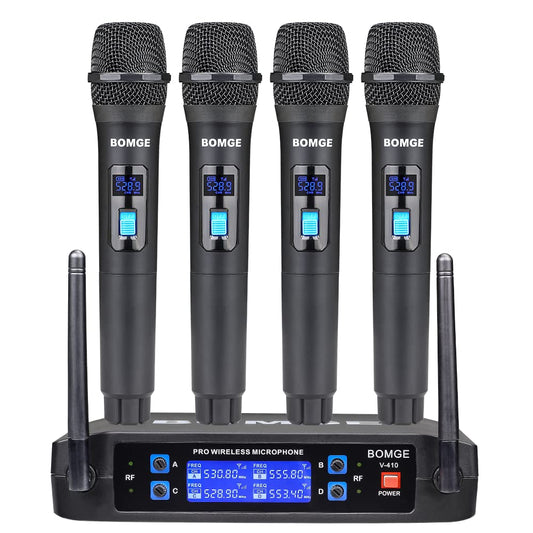 BOMGE Wireless Microphone System, Pro 4-Channel Cordless Mic Set with Four Handheld Mics, Fixed Frequency, Long Range 200ft, Ideal for Church,Karaoke