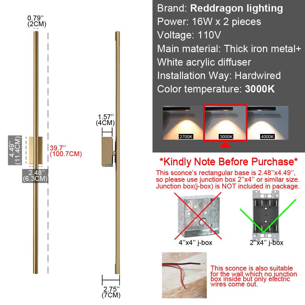 Only Suitable for Small Junction Box Set of 2 Dimmable Hardwired Linear Gold LED Wall Lamp 1-Gang Long 40 Inch Vanity Wall Sconce for Living Room