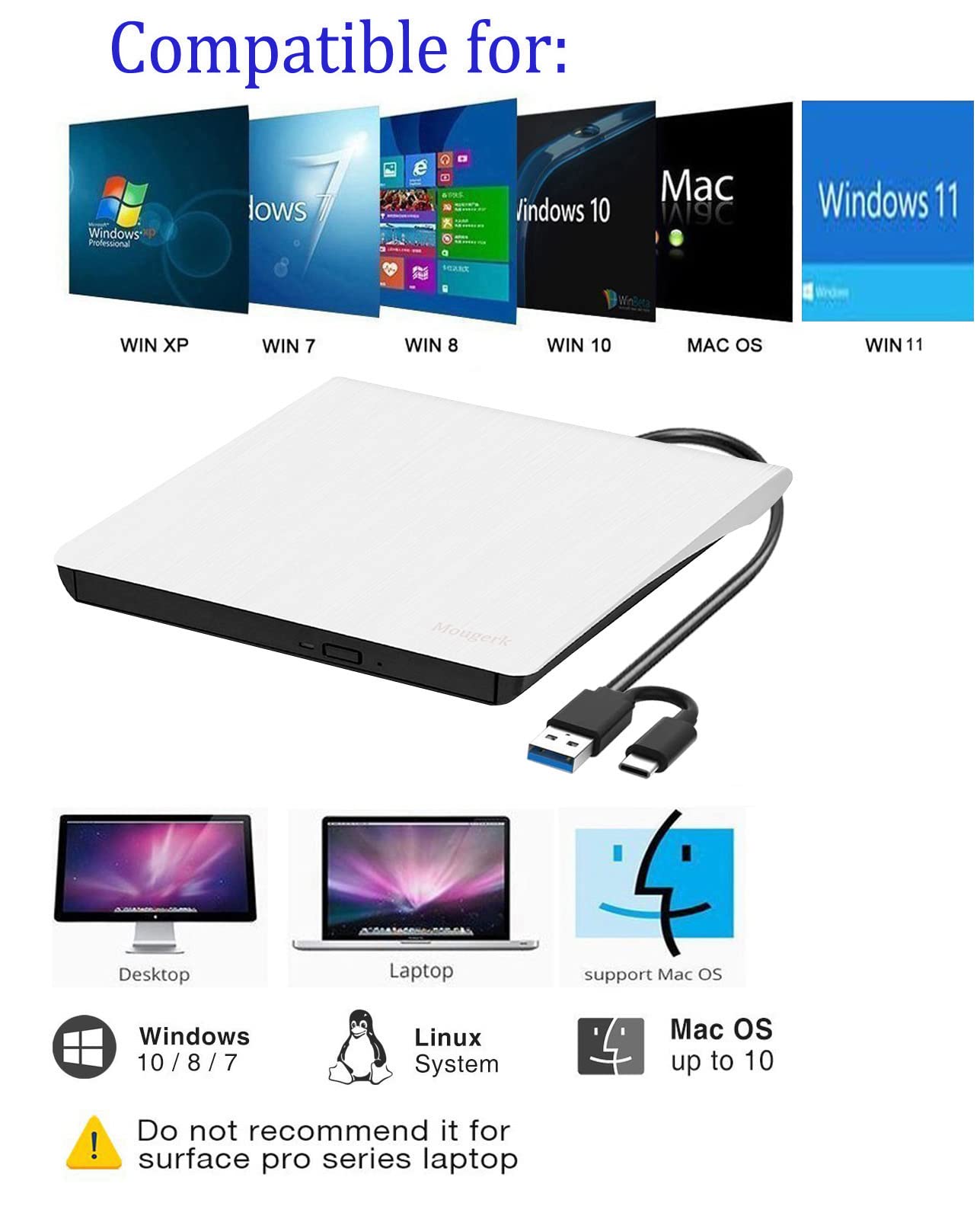Mougerk External DVD Drive, Portable Type-C USB 3.0 DVD CD Drive Player DVD/CD +/-RW ROM Reader Rewriter Burner for Laptop Desktops (White)