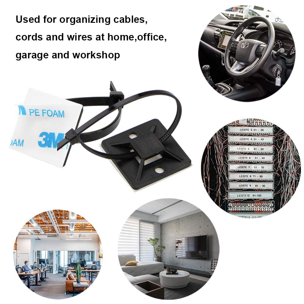 Zip Tie Mount 3/4" Black Small Wire Tie Adhesive Mounting 100 Pcs for Wire Clips Cable Management Cable Tie Anchors for Home Office Wiring Durable