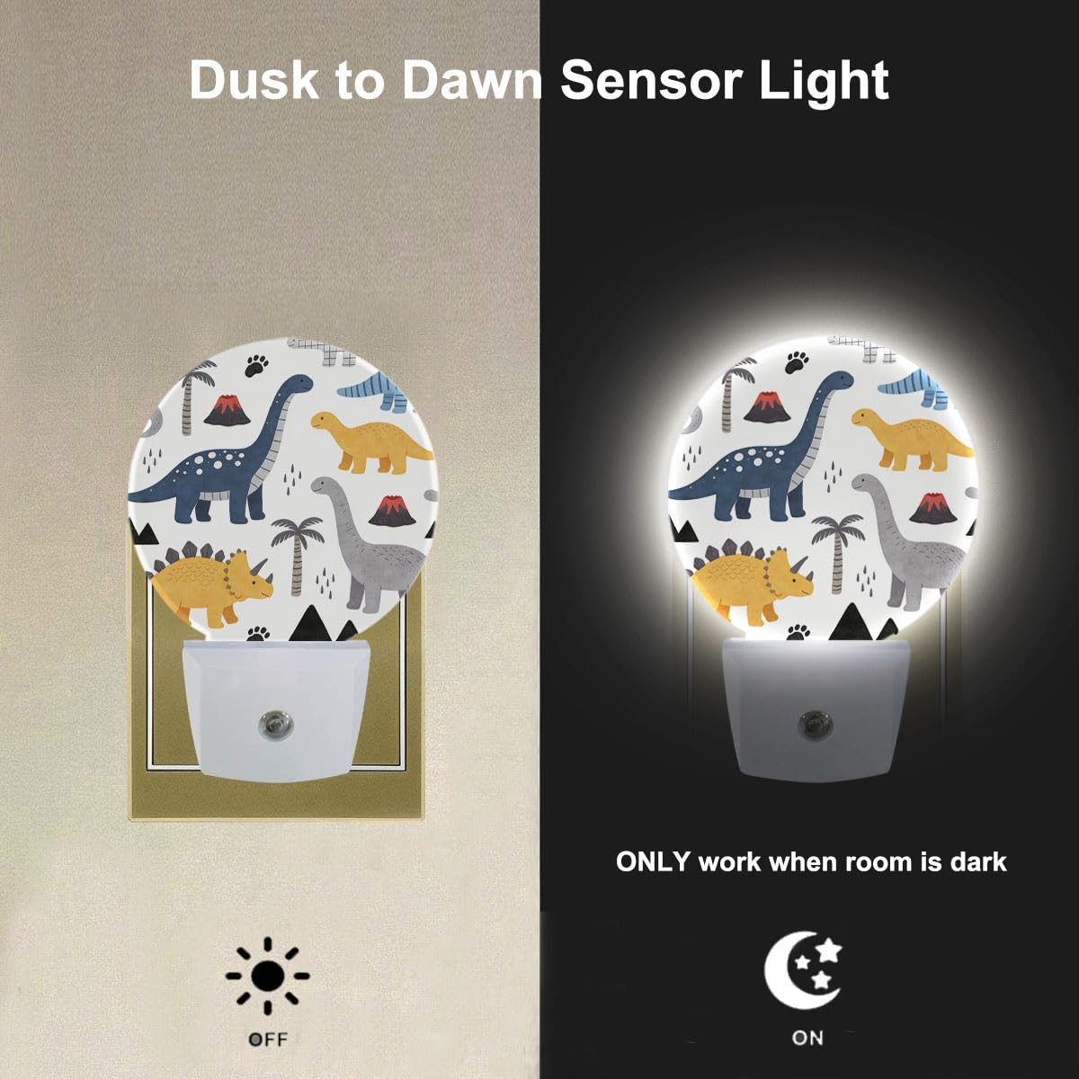 EKOBLA Cartoon Dinosaur Night Light for Kids, Jurassic Dino Design Plug in with Dusk to Dawn Sensor, 0.5W Energy Saving Soft Warm Nightlight for Boys