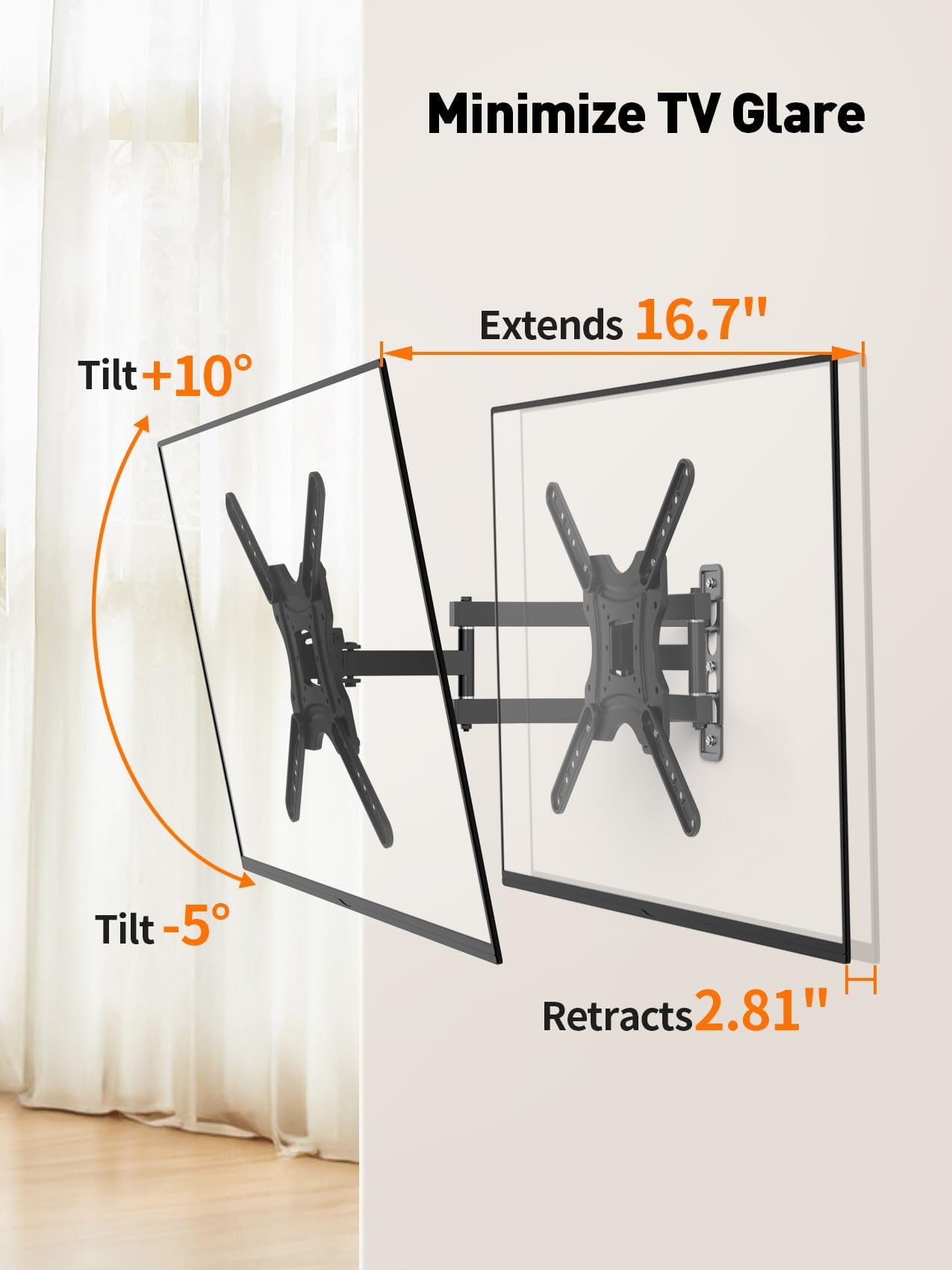 Full Motion TV Wall Mount, Universal Fit for 26-55 Inch TVs, Up to 77 lbs, Tilt Extension with Articulating Arms, TV Bracket Wall Mount, Bracket