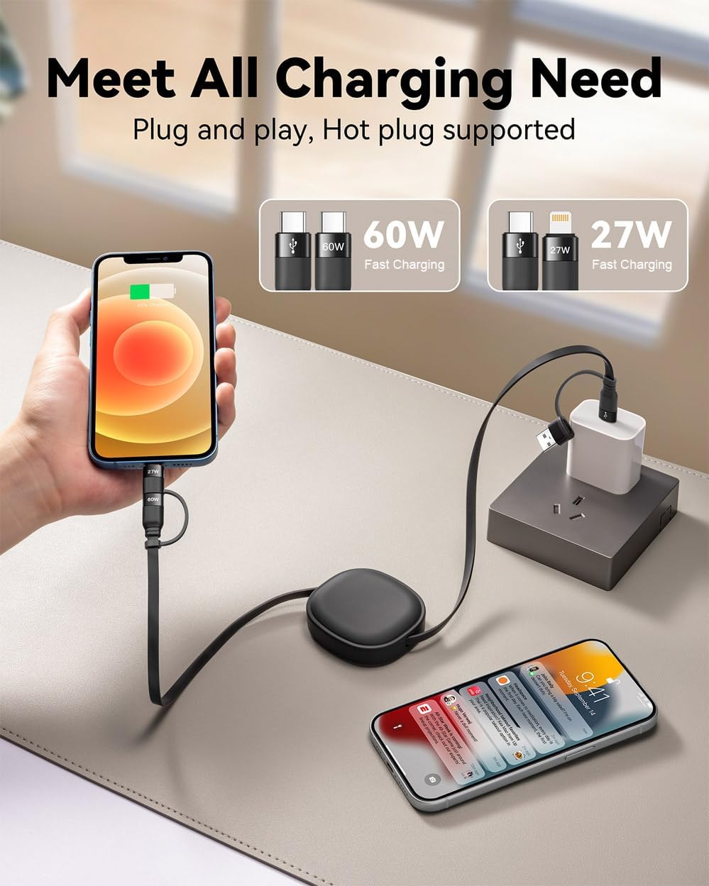 Multi Charging Cable, 2Pack 5 in 1 Retractable Lightning Charger Cable 60W USB C to USB C Fast Charging,Multiple USBC Cord Multi Car Charger
