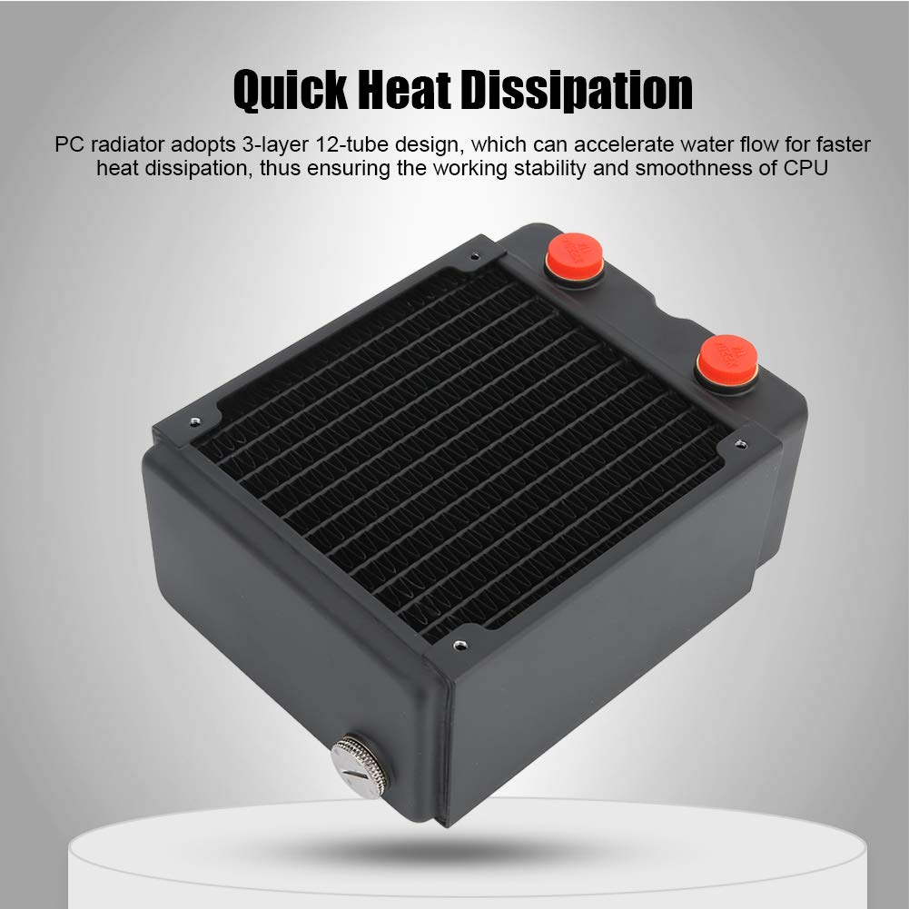 G1/4 120mm Computer Water Cooling Copper Radiator, 3-Layer 12-Tube PC Cooler Heatsink with Copper Radiator Fins and Brass Water Chamber