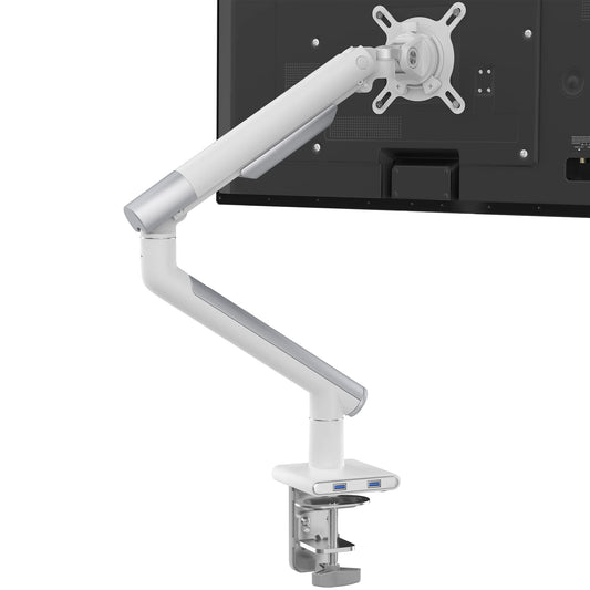 Single Monitor Arm Mount - CTA White Monitor Mount for 23" to 35" Monitors - w/Dual USB 3.0 Hub Ports & Arm Clamp for Desks - White (ADD-SSMA)