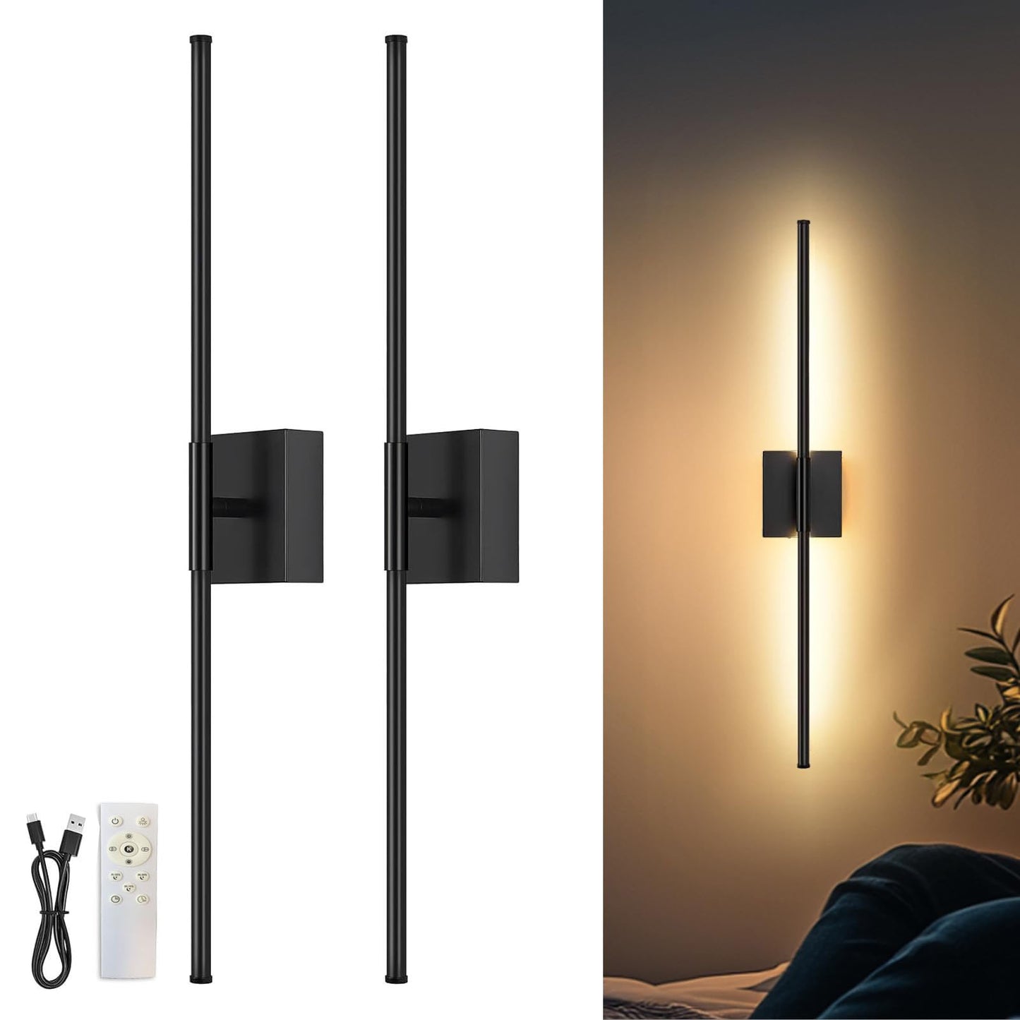 YCZM 27 in Battery Operated LED Wall Sconces, 10000mAh Rechargeable, 2 Pack