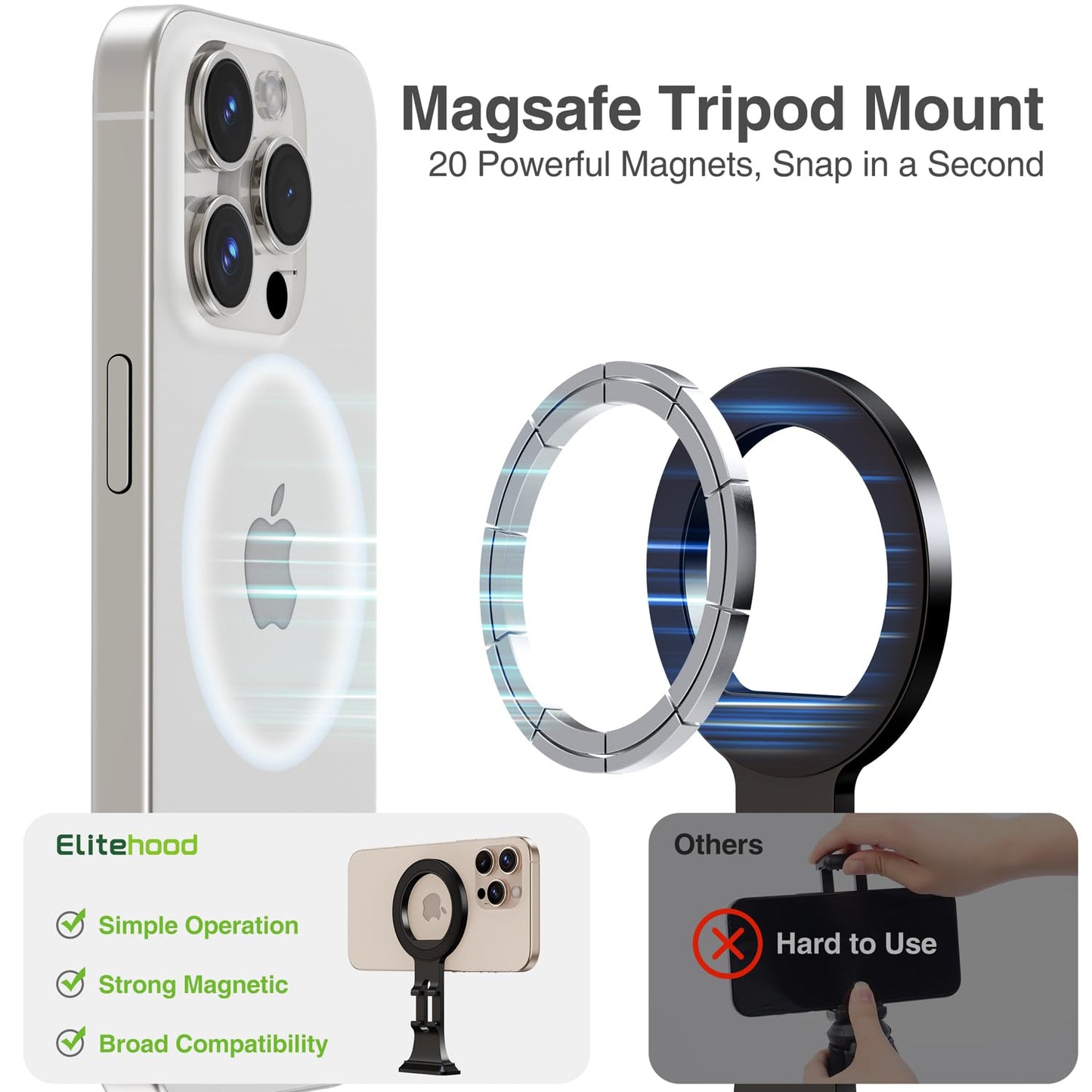 elitehood Aluminum Magsafe Tripod Phone Mount, Compact Phone Holder for Tripod with Arca Swiss Quick Release Plate & 1/4" Screw Adapter, Magnetic