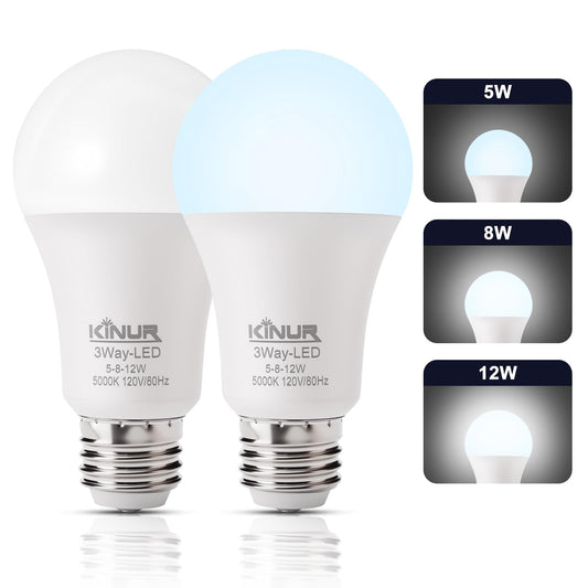 KINUR LED 3-Way Light Bulbs 30/70/100 Watt Equivalent, 5000K Daylight, A19 E26 Base, 500lm-800lm-1200lm, 3-Way Dimmable Light Bulbs for Reading