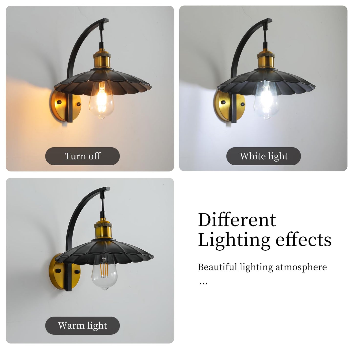 HOREVO Industrial Wall Sconces, Vintage Wall Light Fixtures with Scalloped Metal Shade, Matte Black & Gold Wall Mounted Lamp for Bedroom, Farmhouse