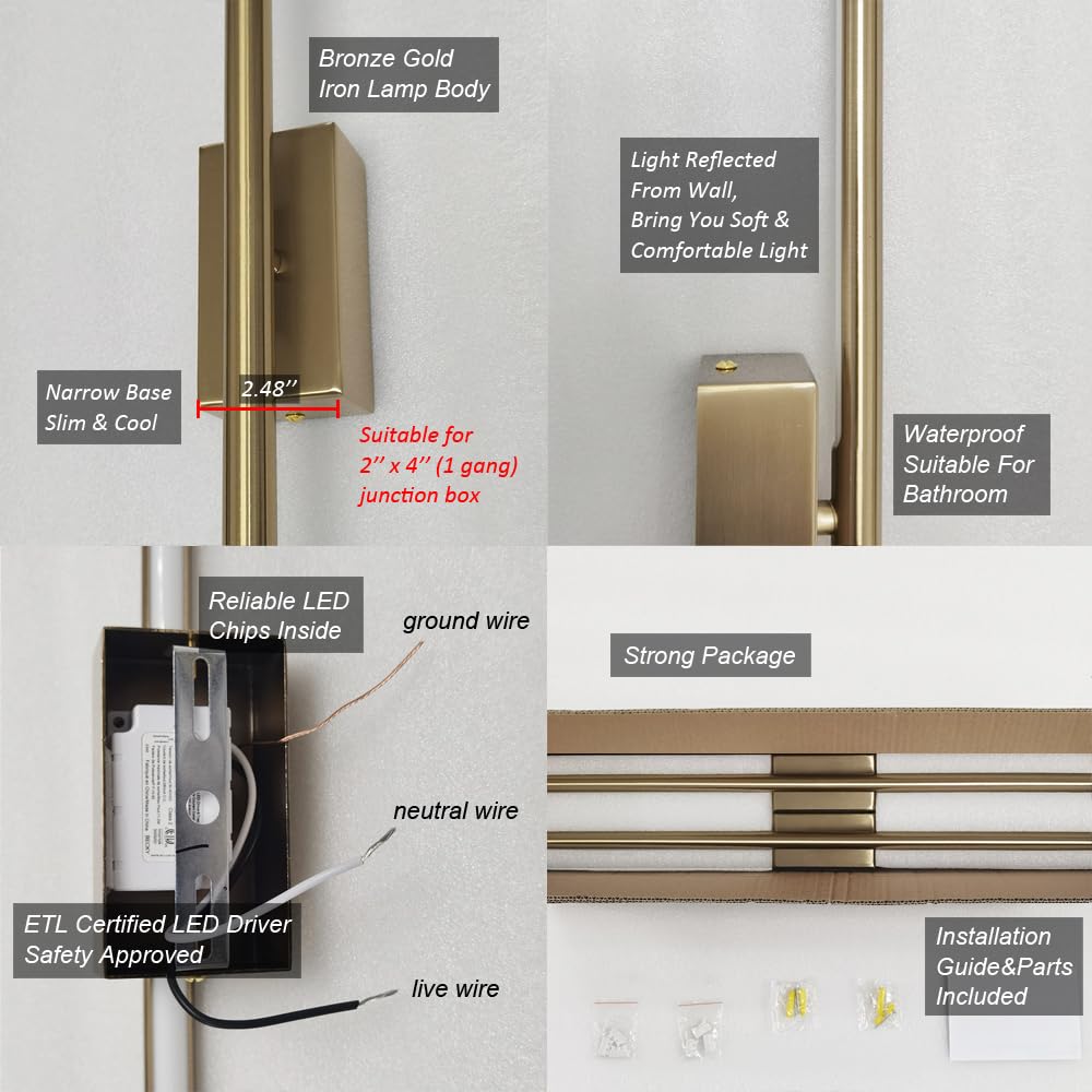 Only Suitable for Small Junction Box Set of 2 Dimmable Hardwired Linear Gold LED Wall Lamp 1-Gang Long 40 Inch Vanity Wall Sconce for Living Room