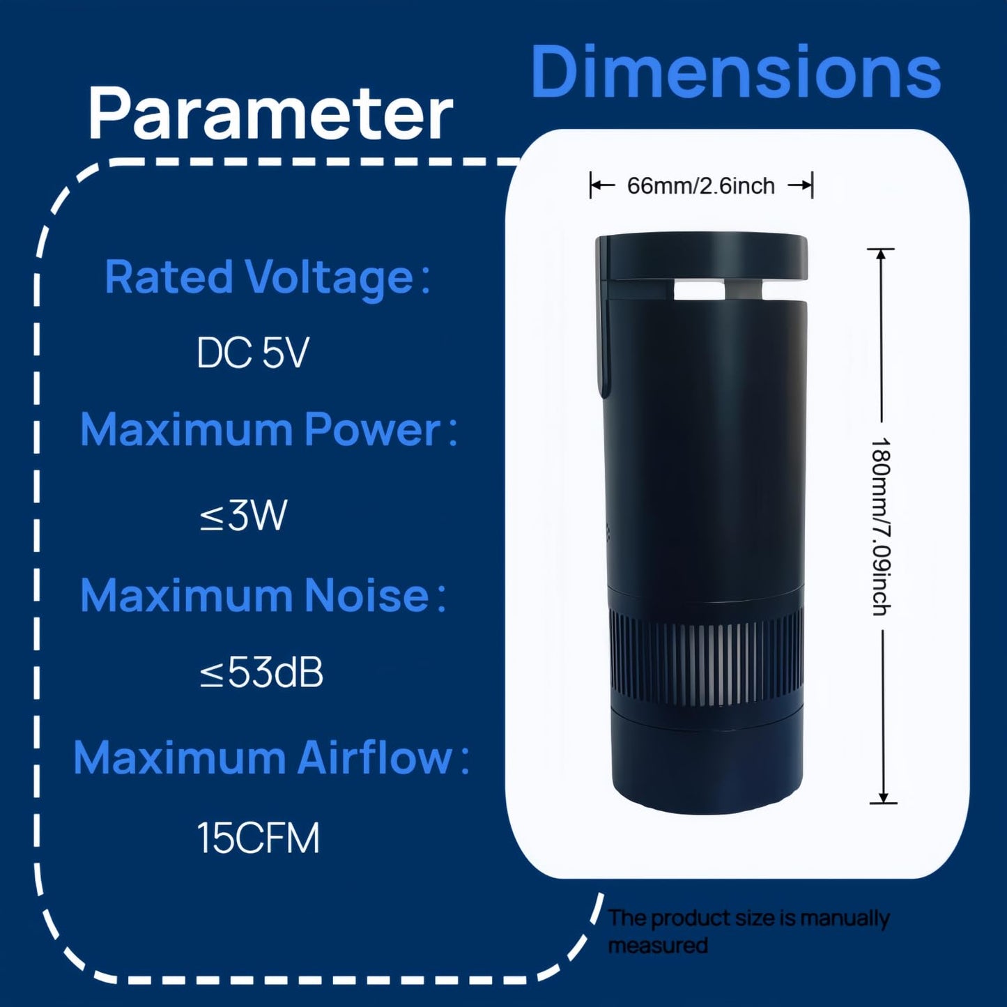 Aluminum alloy Portable Air Purifier for Car and Home, Black, DC 5V, 15 CFM Airflow, Negative Ion Purification, 3-Speed Adjustment, Quiet Operation