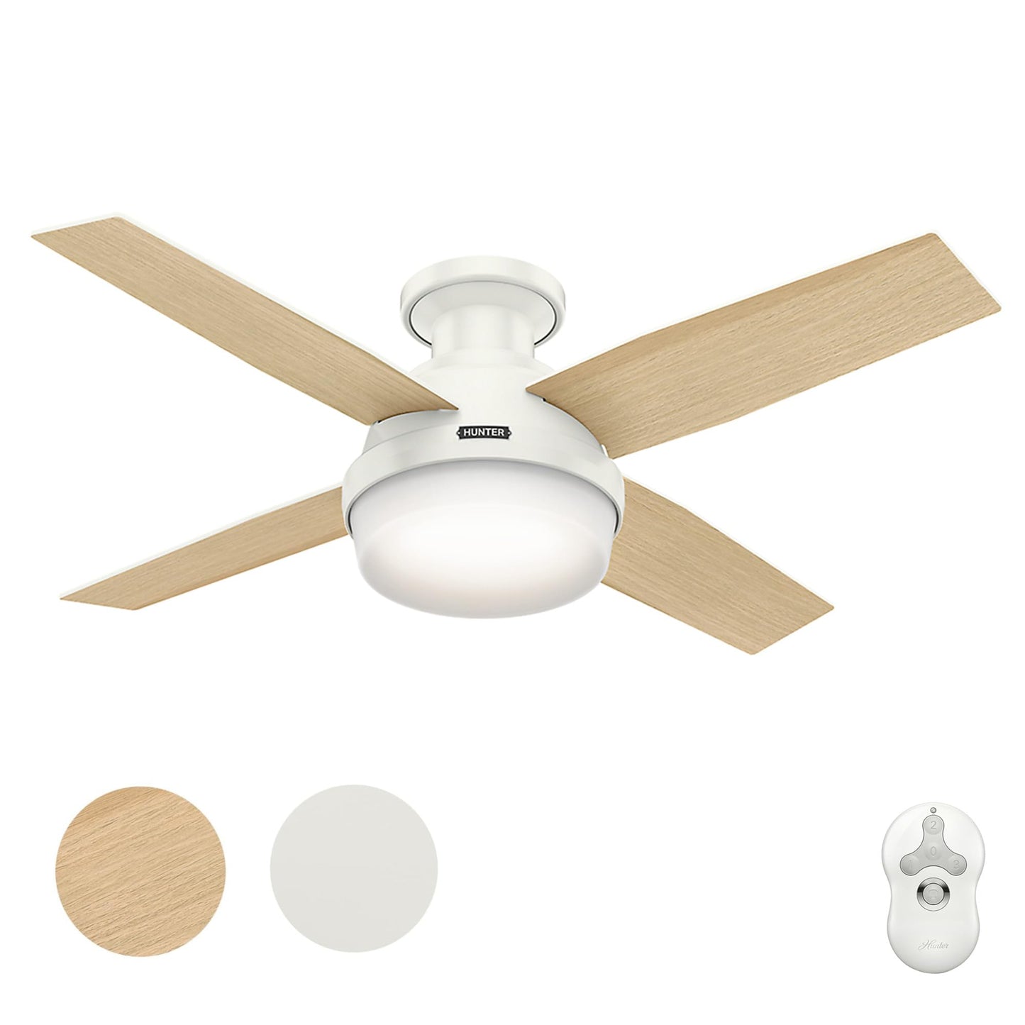 Hunter Fan 44 inch Indoor Ceiling Fan with Light, White Modern Ceiling Fan with Remote, 4 Blades for Kids Room, Bedroom, Office or Kitchen (Renewed)