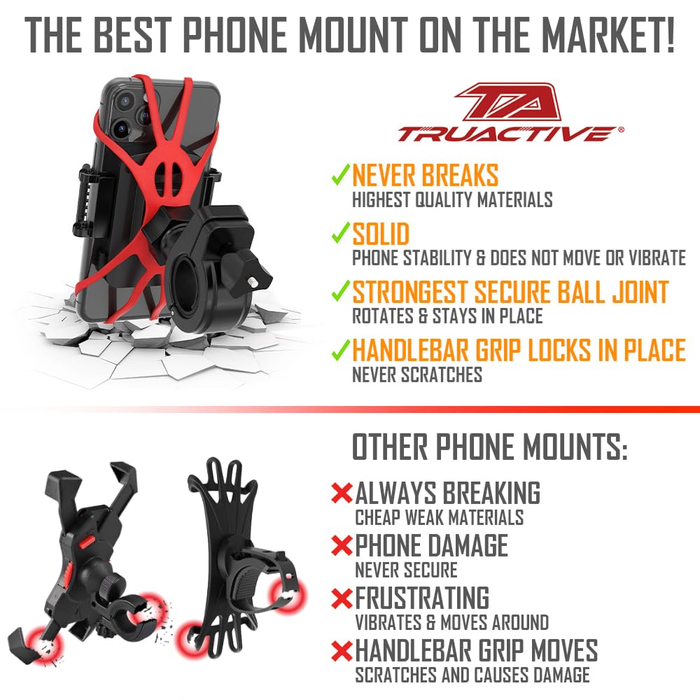 TruActive Premium Bike Phone Mount Holder | Universal Cell Phone Mount for 4"-7" Phones | Includes 6 Reusable Color Bands | Tool Free Handlebar Mount