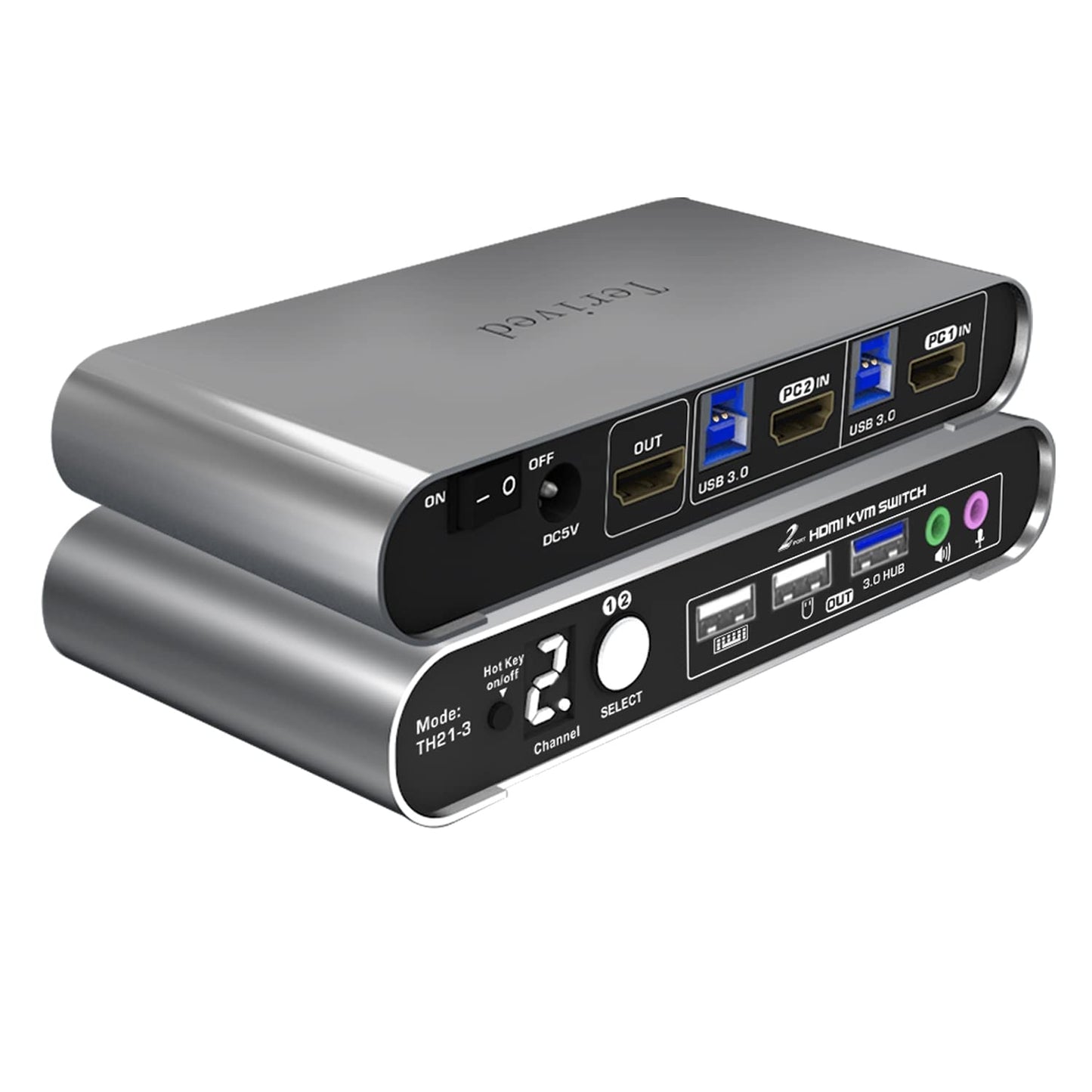 Terived 2 Port HDMI USB 3.0 KVM Switch with Aluminum Alloy Shell and Digital Display,Audio/Microphone, 4K@60Hz,hotkey,Auto EDID, HDR10 with Cables