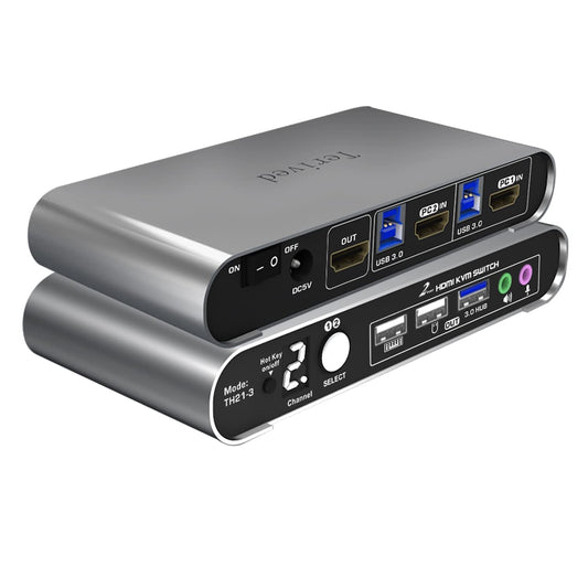 Terived 2 Port HDMI USB 3.0 KVM Switch with Aluminum Alloy Shell and Digital Display,Audio/Microphone, 4K@60Hz,hotkey,Auto EDID, HDR10 with Cables