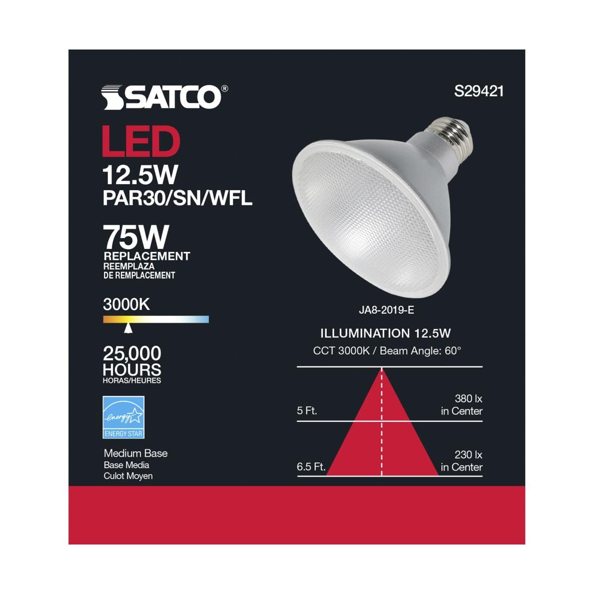 Satco S29421 6-Pack 13PAR30/SN/LED/60'/3000K/120V/D 13W PAR30 Short Neck Indoor/Outdoor Dimmable LED 60° Flood lamp (3000K)