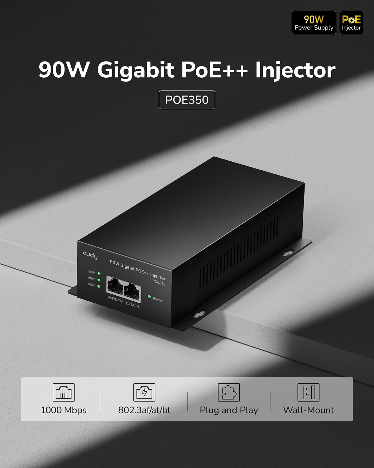 Cudy 90 Watts Gigabit PoE++ Injector, 1000Mbps PoE Adapter, 90W Power Budget, PoE++ Adapter, IEEE 802.3af / 802.3at/802.3bt Compliant, 54V, Metal