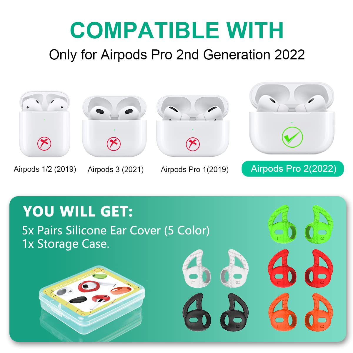 [5 Pairs] Silicone Ear Hooks for AirPods Pro 2, Ear Hook Anti Slip AirPods Pro 2 Accessories Compatible with AirPods Pro 2nd Generation (2022) - NOT