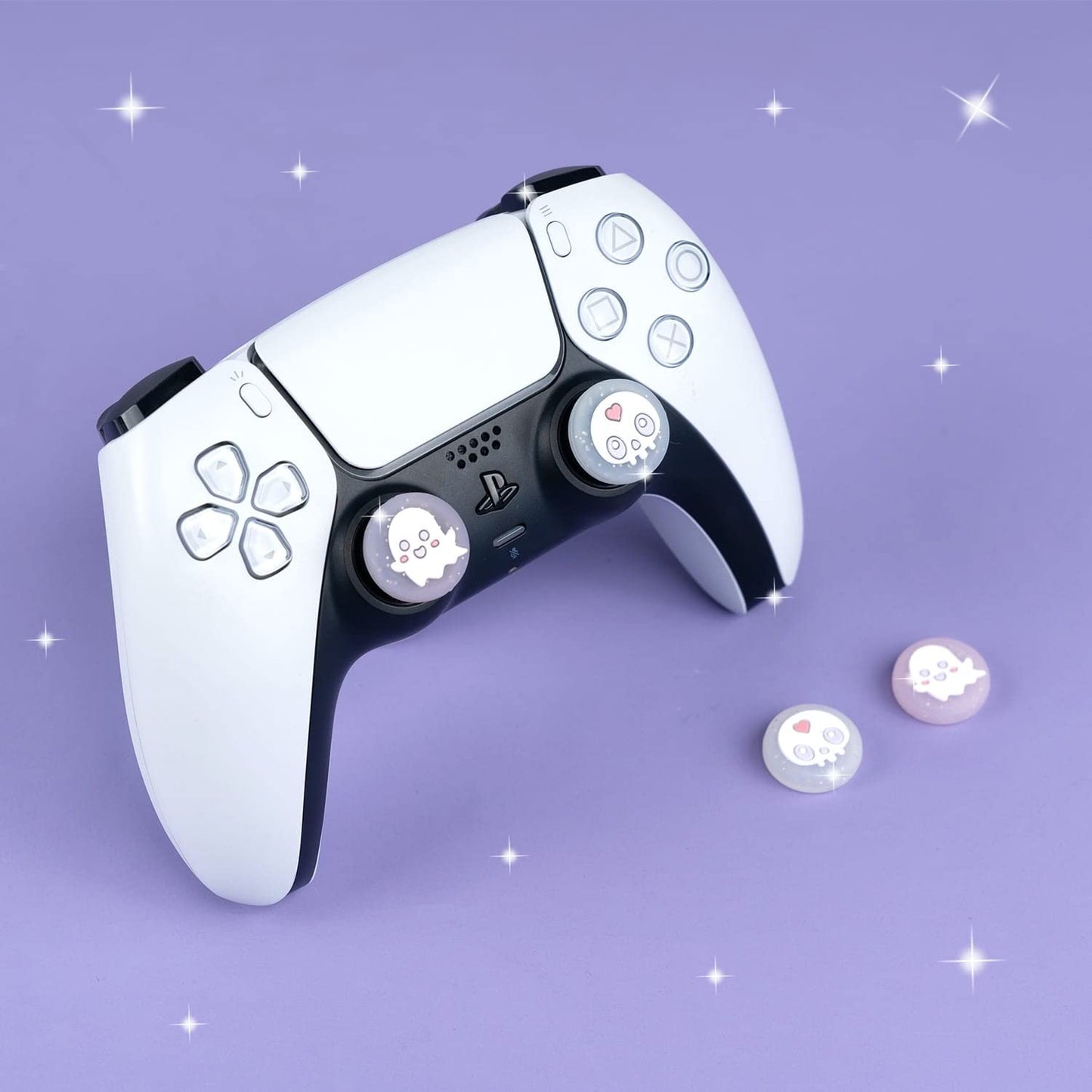 BelugaDesign Ghost Thumb Grips | Big Glitter Halloween Gothic Clear Jelly Joystick Grip Button Caps | Compatible with Sony Play Station PS5 PS4 X Box