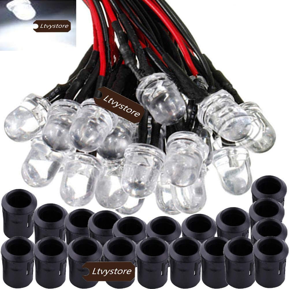 Ltvystore 20Pack 10MM 12V White LED Pre Wired Prewired 7.87 Inch Lamp Light Bulb Prewired Emitting Diode& 20Pack Black 10MM LED Plastic Clip Holder