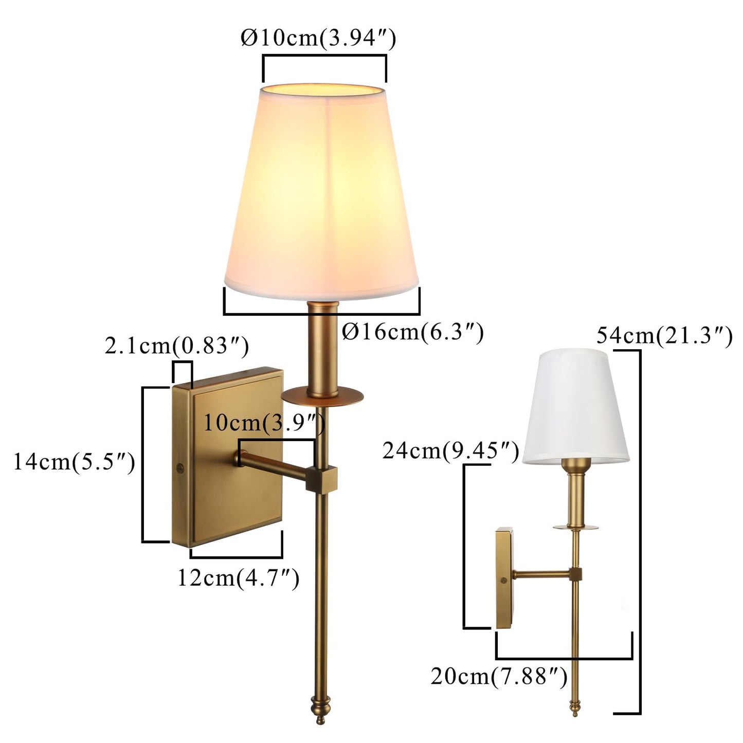 PERMO Set of 2 Classic Rustic Industrial Wall Sconce Lighting Fixture with Flared White Textile Lamp Shade and Antique Brass Tapered Column Stand