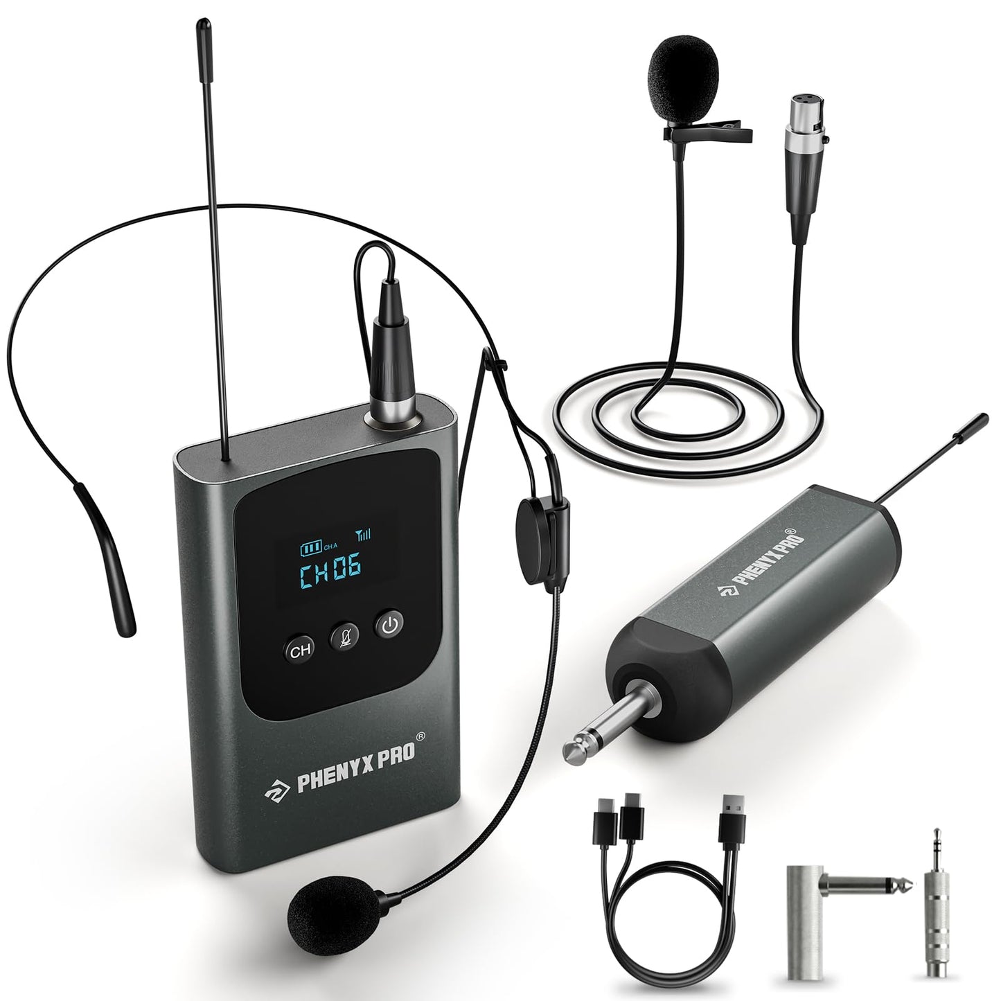 Phenyx Pro Single Digital Wireless Microphone System, w/Mini Receiver, Bodypack Transmitter,15 Channels in 900MHz UHF Band, Headset/Lapel Microphone