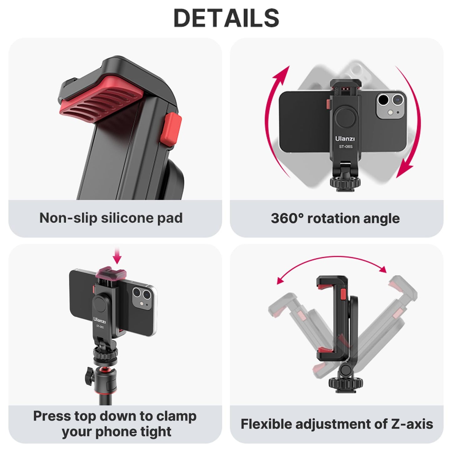ULANZI ST-06S Phone Tripod Mount, Universal Smartphone Mount Adapter with 2 Cold Shoe, 360° Rotates Adjustable Cell Phone Clip Clamp Holder