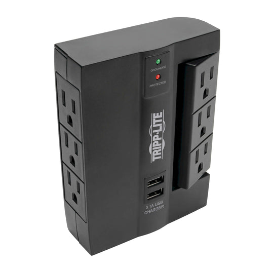 TRIPP LITE 6 Outlet Surge Protector Power Strip, 3 Rotatable Outlets, Wall Tap/Direct Plug in, 1200 Joules, 2 USB Charging Ports, Limited Warranty