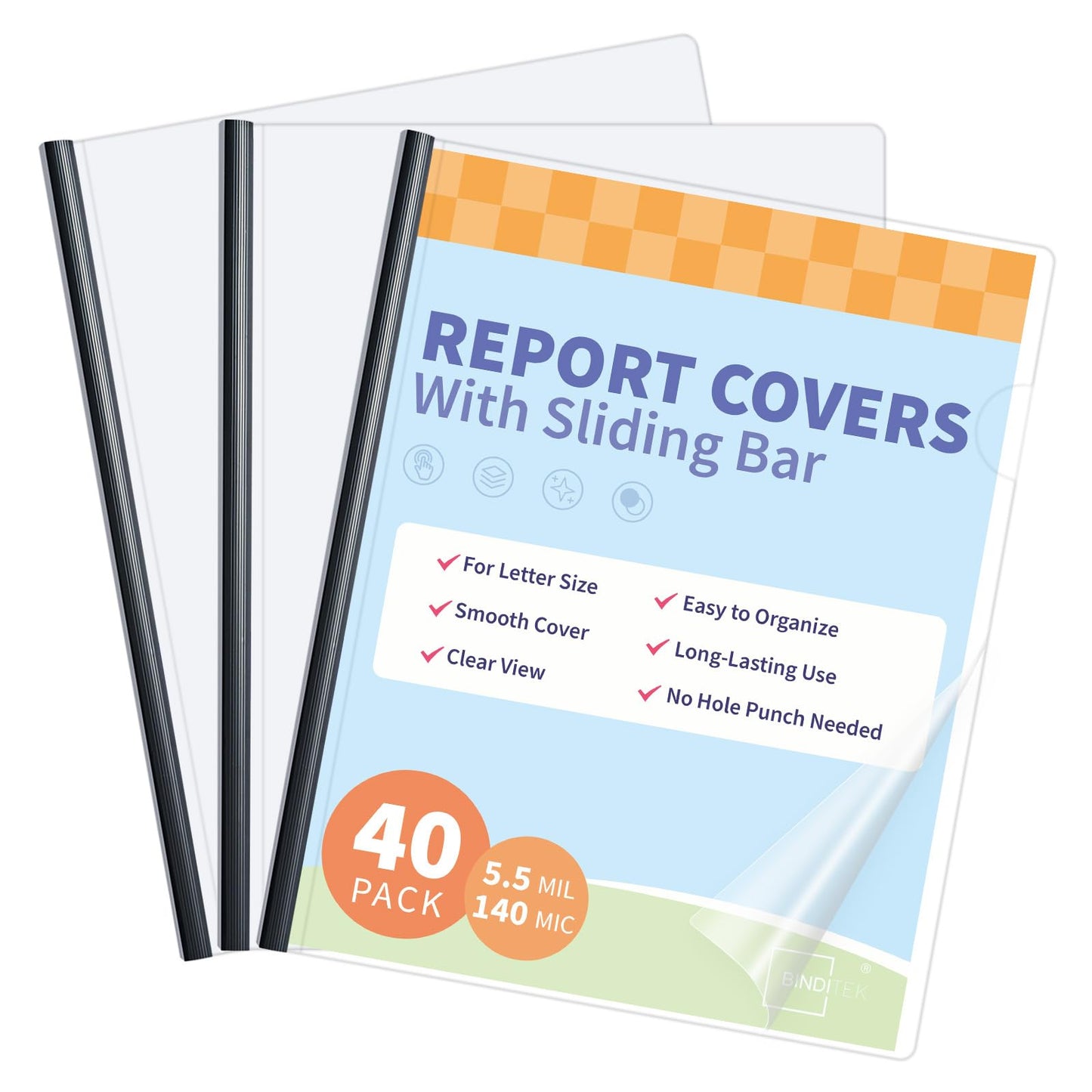 Binditek Clear Report Covers with Sliding Bars, 25 Sheet Capacity, 40 Pack