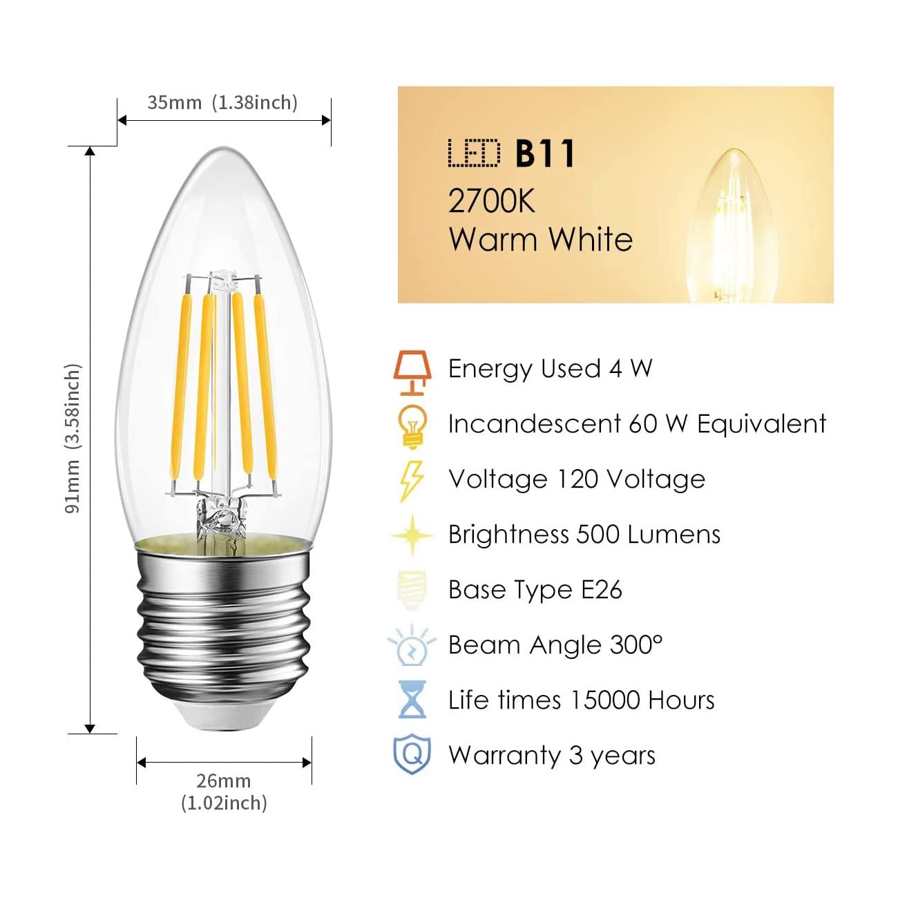 LVWIT B11 LED Filament Bulb E26 Chandelier Medium Base 2700K Warm White, 4W(60W Equivalent) 500 Lumens Non-Dimmable Decorative Candelabra Candle Light
