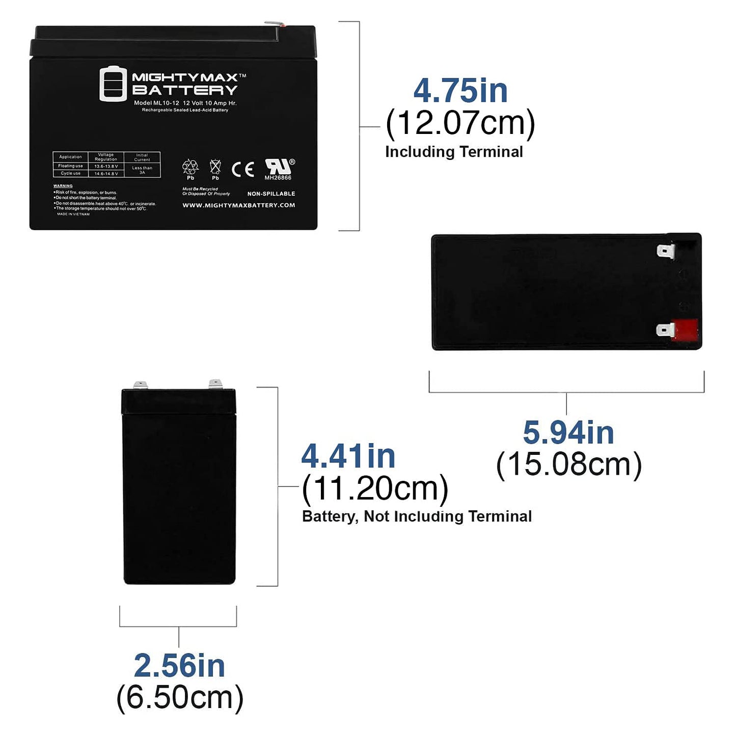 ML10-12 - 12 Volt 10 AH, F2 Terminal, Rechargeable SLA AGM Battery