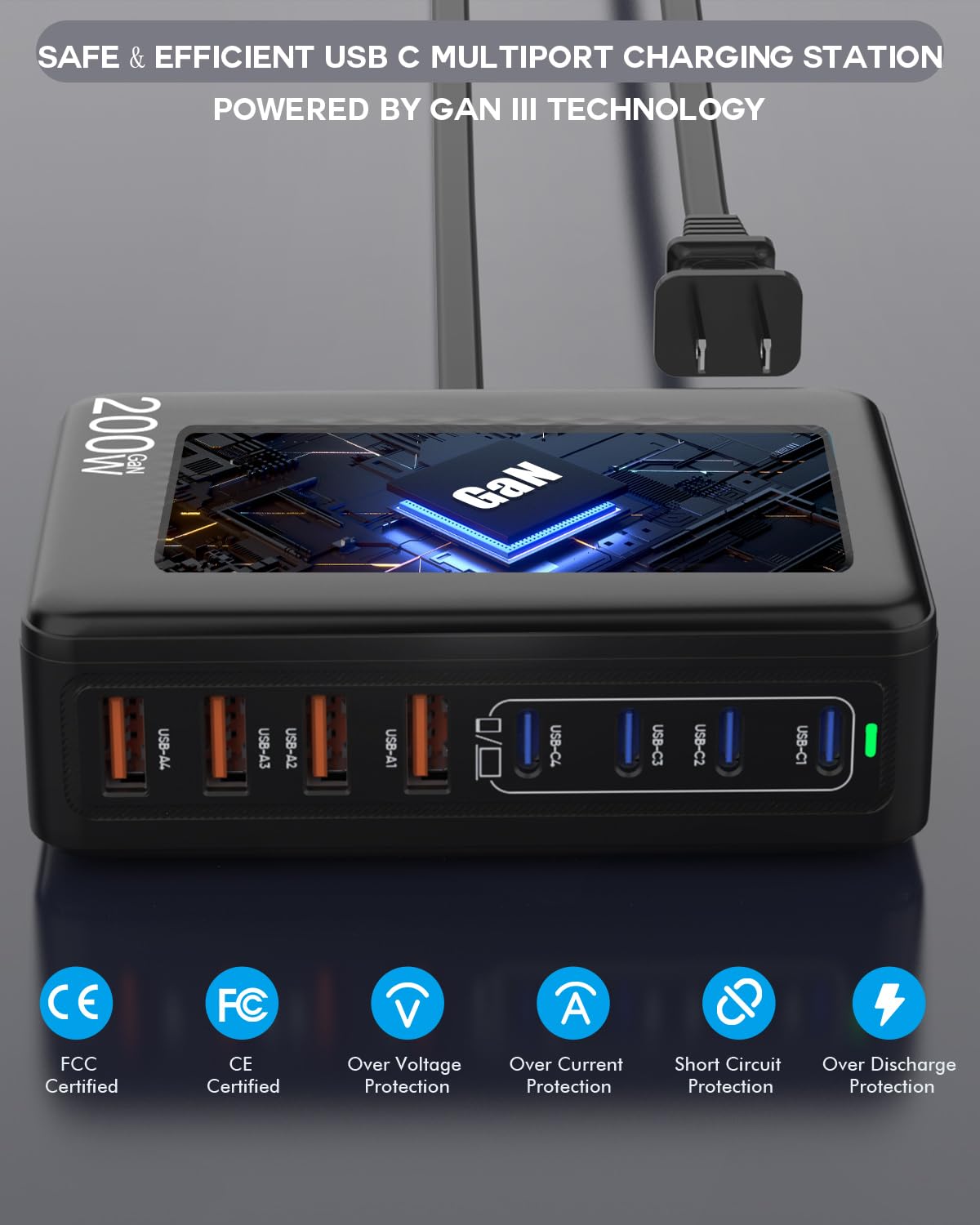 USB C Charger Block, 200W 8 Port USB C Charging Station, GaN Type C & A Charger Fast Charging Desktop Hub PD Block Laptop Adapter for Apple iPhone Air