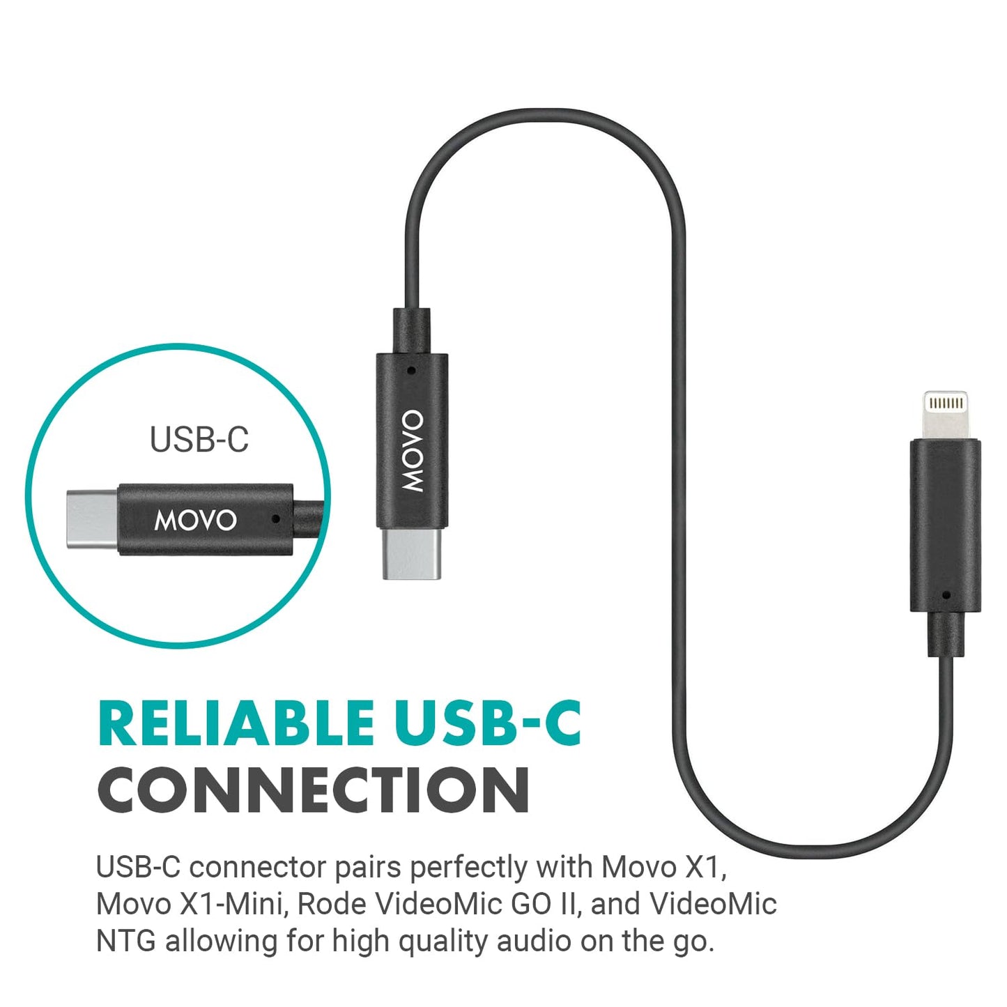 Movo IMA-5 USB-C to 11.8" (30CM) Lightning Microphone Adapter Cable - Connect USB-C Shotgun Mics to iPhone/iPad - Compatible X1, X1-MINI, VXR10-AI