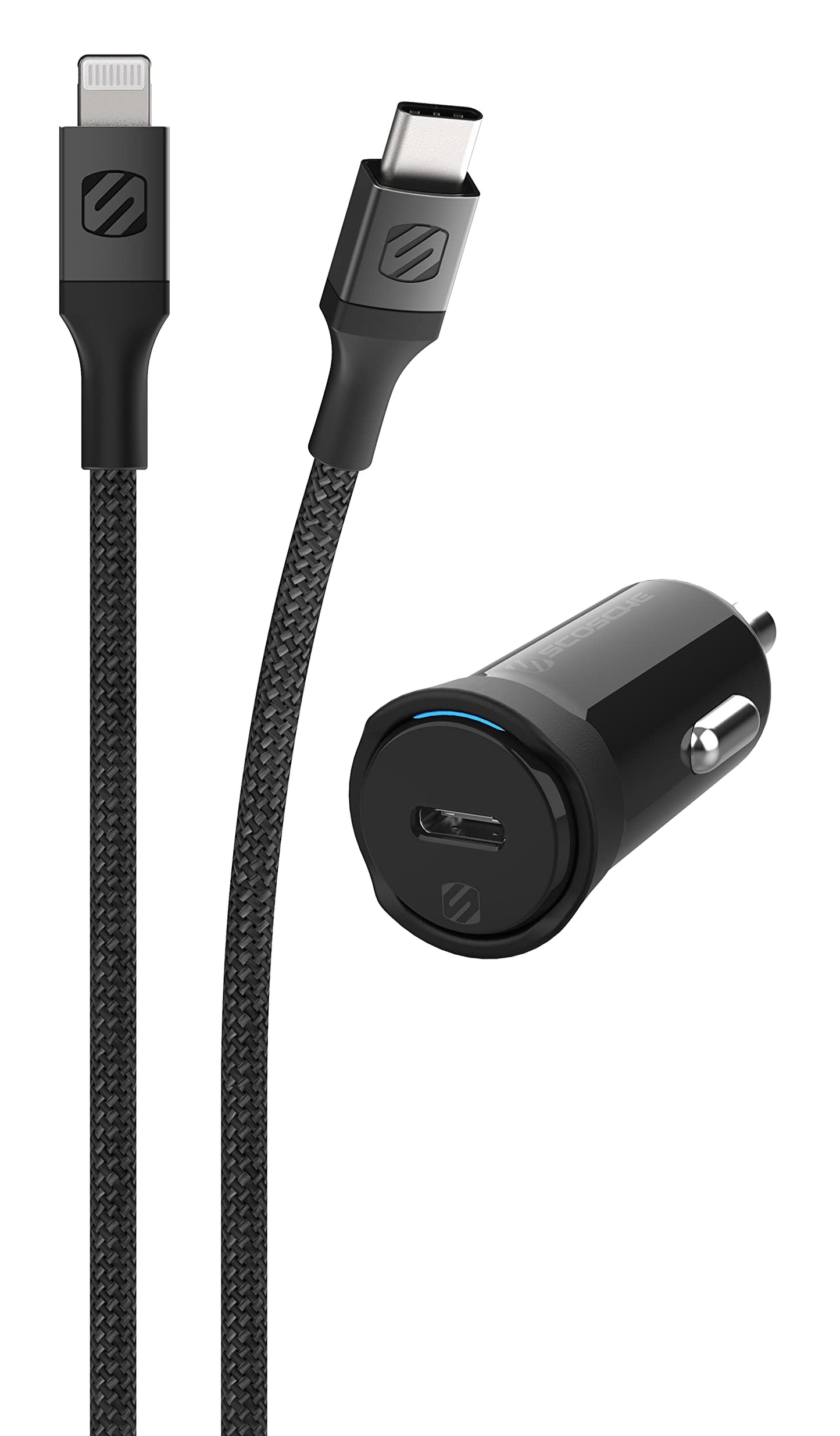 Scosche CPD20Ci4B4 Powervolt 20W USB Type-C PD 3.0 Black Fast Car Charger with MFi Certified USB-C to Lightning Charge & Sync Braided Space Gray…