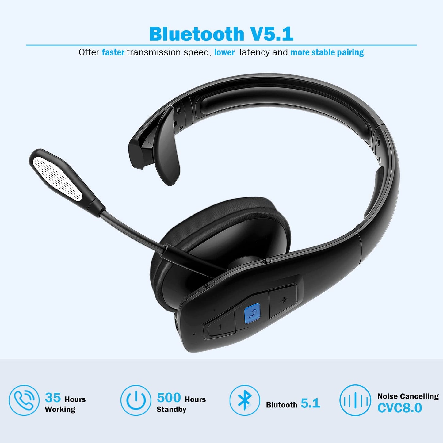 Conambo Bluetooth Headset V5.1, Trucker Bluetooth Headset with CVC8.0 Dual Mic Noise Canceling & Mute Button & 60 Hrs Workingtime Wireless On-Ear