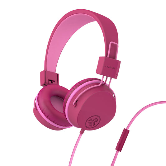 JLab JBuddies Studio on-Ear Kids Wired Headphones with mic, Volume Limiter, Foldable, Adjustable, Dark Pink