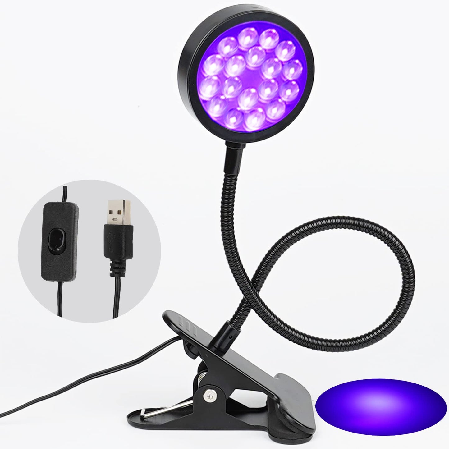 UV LED Black Light Clamp Light with USB, Upgraded 5W 395nm Portable Gooseneck Lamp with Clip for Gel Nail, Pet Urine Detection, UV Glue Curing