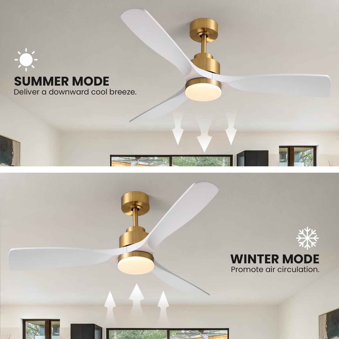 CROSSIO Modern Ceiling Fan with Lights, Gold-White, 52' x 52' x 14.8', 3 Blades, DC, Reversible, Dimmable LED, Remote Control, Indoor, 6 Speeds