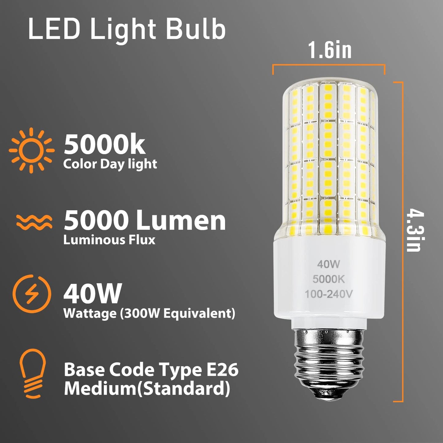 ZP 2 Pack A19 Led Light Bulb 300W Equivalent 40W Led Bulbs 5000 Lumen 5000K Cool Daylight White E26/E27 Base Waterproof Lighting for Outdoor Indoor