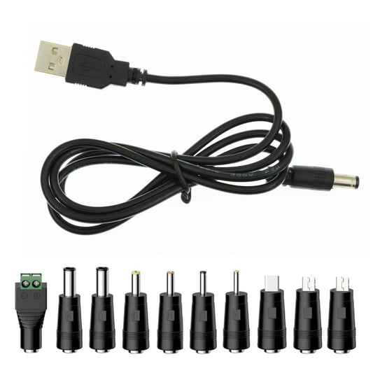 Universal Charger Power Core, 5V USB to DC 5.5x2.1mm, Charging Cable with 11 Tips (Micro-USB, Type-C, Mini USB, 2.5x0.7, 3.0x1.1, 3.5x1.35, 4.0x1.7