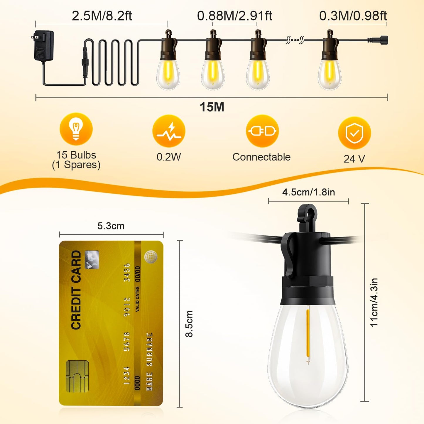Outdoor String Lights Patio LED - Light Outside 50Ft 15M Waterproof Remote Dimmable S14 Porch Lighting Edison Plastic Bulb Pergola Hanging Balcony