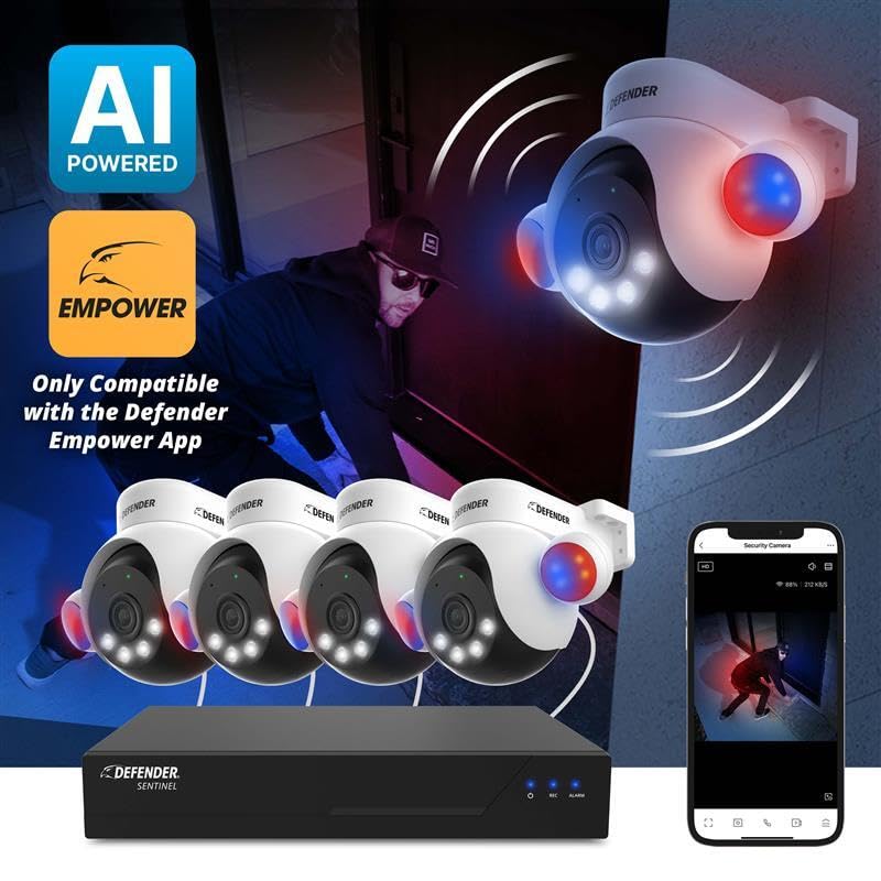 Defender AI Powered Sentinel 4K Wired Security Camera System, 360° PTZ Security Camera System with AI Tracking, Smart Human Detection, Blue-Red Light