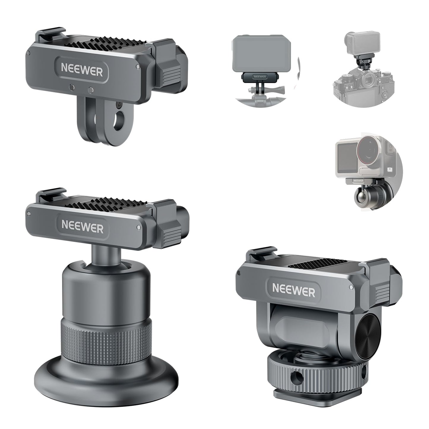 NEEWER Action Camera Accessories Kit Compatible with DJI Osmo Action 5 Pro/4/3, Cold Shoe Mount, Quick Release Magnetic Mount & Ball Head Adapter