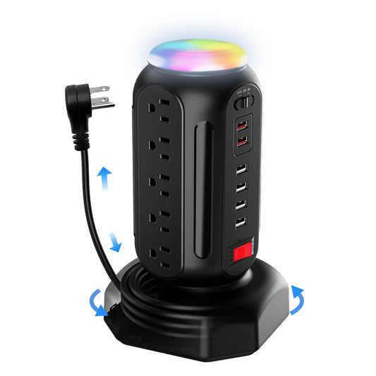 DYSSIPATIVE Power Strip Tower with Colorful Nightlight, 15 AC Outlets and 6 Fasting USB Ports, Retractable Extension Cord with Multiple Outlets, 900 J