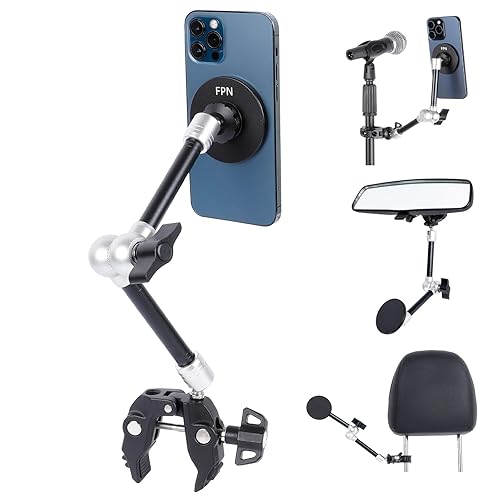 FPN All-Metal Magnetic Phone Holder with Super Clamp&10? Long Arm for Magsafe, Adjustable Rear View Mirror Phone Holder Mount for Car/Truck/Handlebar