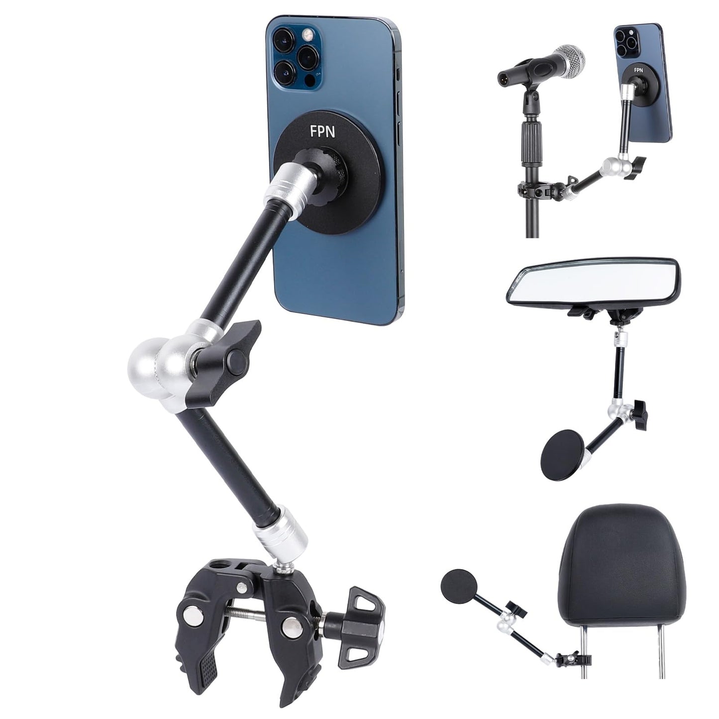 FPN All-Metal Magnetic Phone Holder with Super Clamp&10? Long Arm for Magsafe, Adjustable Rear View Mirror Phone Holder Mount for Car/Truck/Handlebar