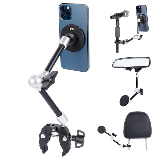 FPN All-Metal Magnetic Phone Holder with Super Clamp&10? Long Arm for Magsafe, Adjustable Rear View Mirror Phone Holder Mount for Car/Truck/Handlebar