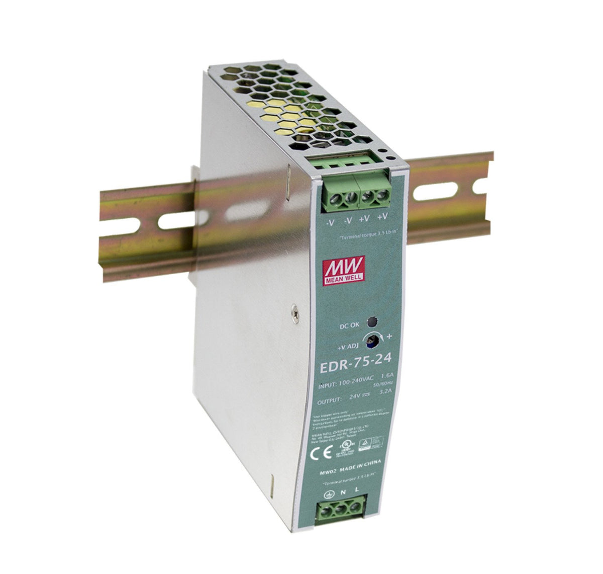 MEAN WELL EDR-75-24 AC to DC Switching DIN Rail Power Supply, 24 Volt, 3.2 Amp, 76.8 Watt