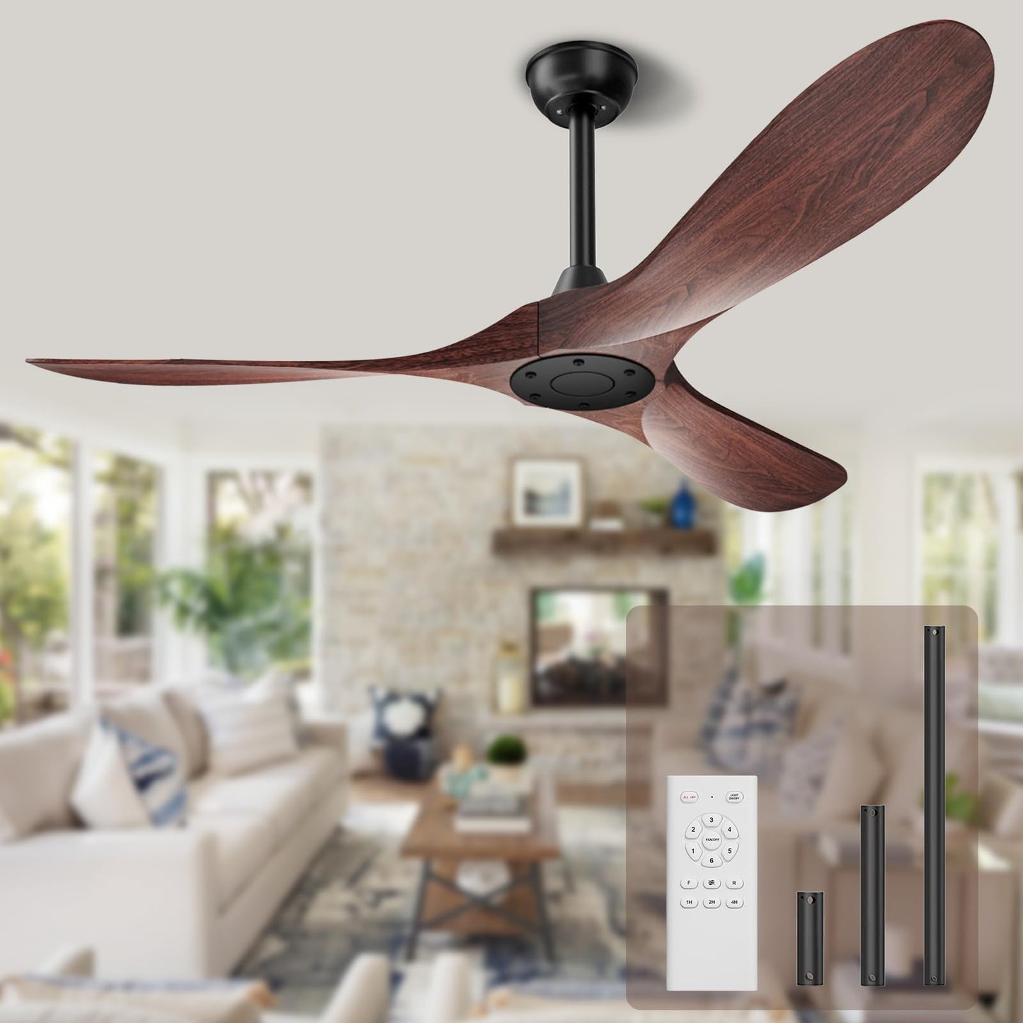 KASASS Ceiling Fan No Light, 52 in Outdoor Ceiling Fans with Remote Control without Light, 3 Blades, 6 Speed Reversible DC Motor Modern for Patios