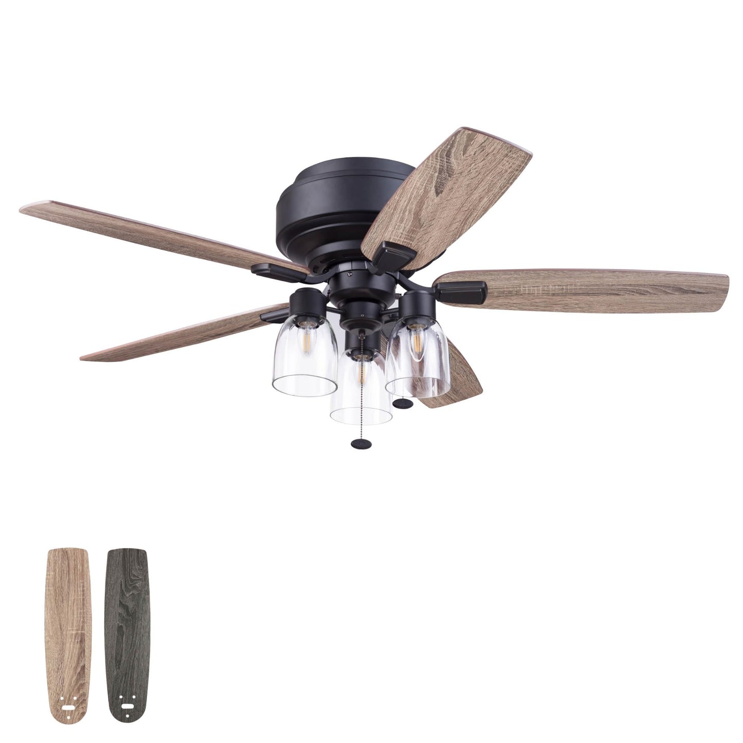 Prominence Home Magonia 52 Inch Flush Mount LED Ceiling Fan with Light, Pull Chain, Reversible Motor, 5 Dual Finish Blades, Matte Black
